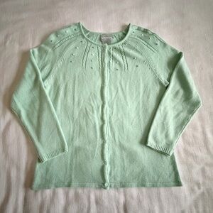 Vtg Swann Cardigan Sweater Womens Medium Green Bobble Knit Button Front Crewneck